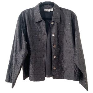 Chico’s Design 100% Silk Beaded Button Front Pointed Collared Jacket Fully Lined
